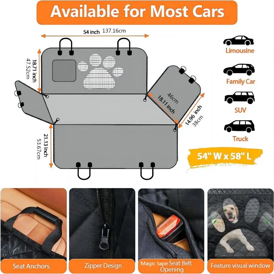 Dog Car Seat Cover for Back Seat, 100% Waterproof Dog Car Hammock with Visual Mesh Window and Side Zipper Car Seat & Door Protec - Image 2