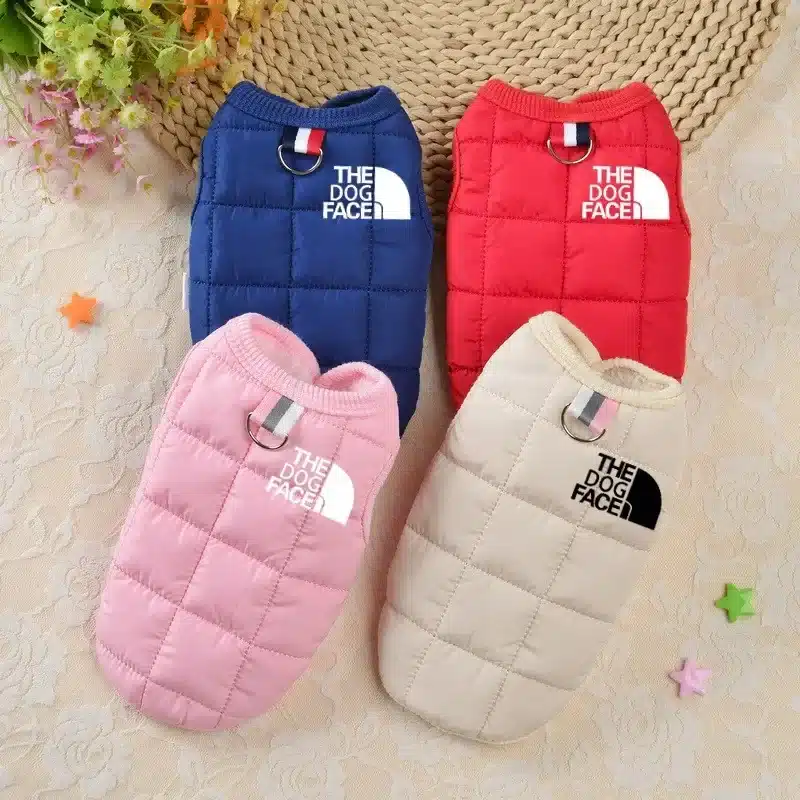 Designer Trendy Dog Clothes Winter Warm Pet Coat with fur on the inside with Dog Face Stereo Logo for Small to Medium size dog like French Bulldog, Havanese and Costume