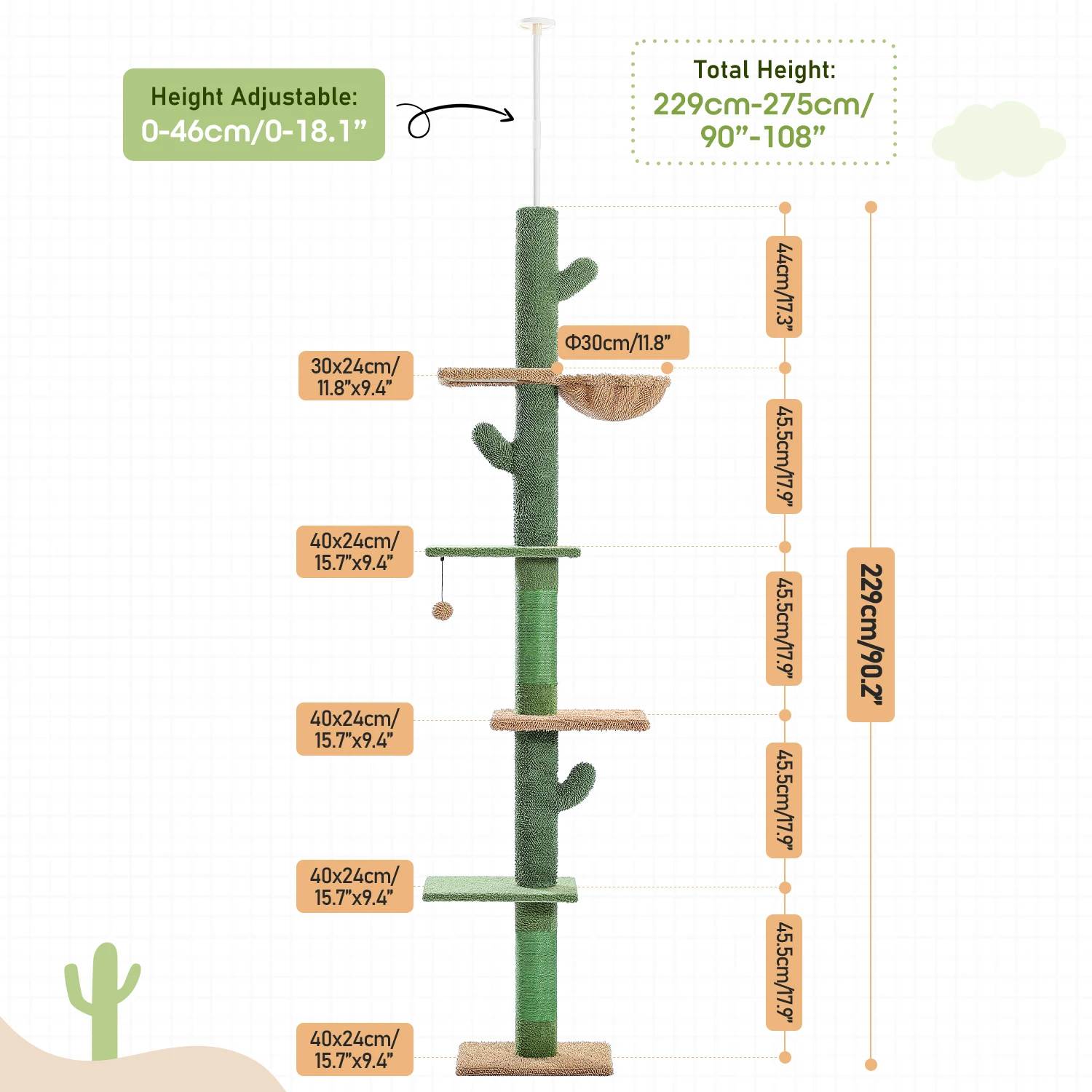 5-Tier Floor to Ceiling Cat Tree Tower Cactus Tall Climbing Tree with Scratching Post Hammock Dangling Ball for Indoor Cats - Image 6
