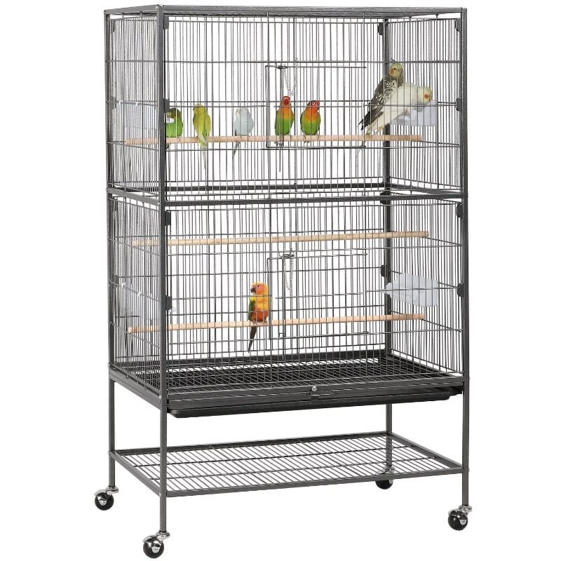 Large Rolling Bird Cage with 3 Perches, 4 Feeders, and Extra Storage Shelf,