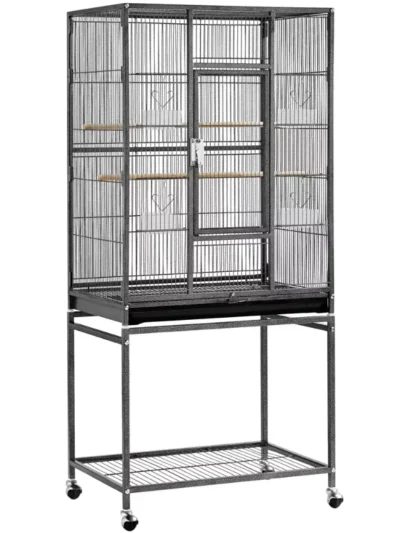 53.7'' Metal Rolling Bird Cage with Stand, 4 Feeding Bowls, and 2 Perches, Black