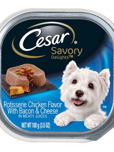 Cesar Loaf & Topper in Sauce Adult Wet Dog Food Rotisserie Chicken w/Bacon & Cheese 3.5oz 24pk