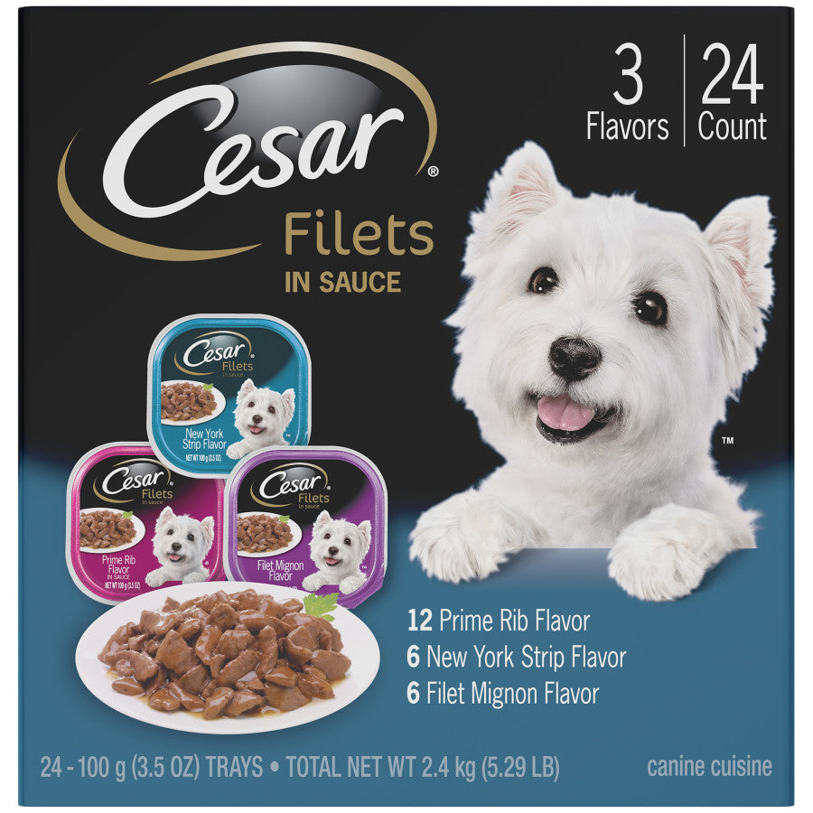 Cesar Filets in Gravy Adult Wet Dog Food Variety Pack (Prime Rib, Filet Mignon, New York Strip) 3.5oz 24pk