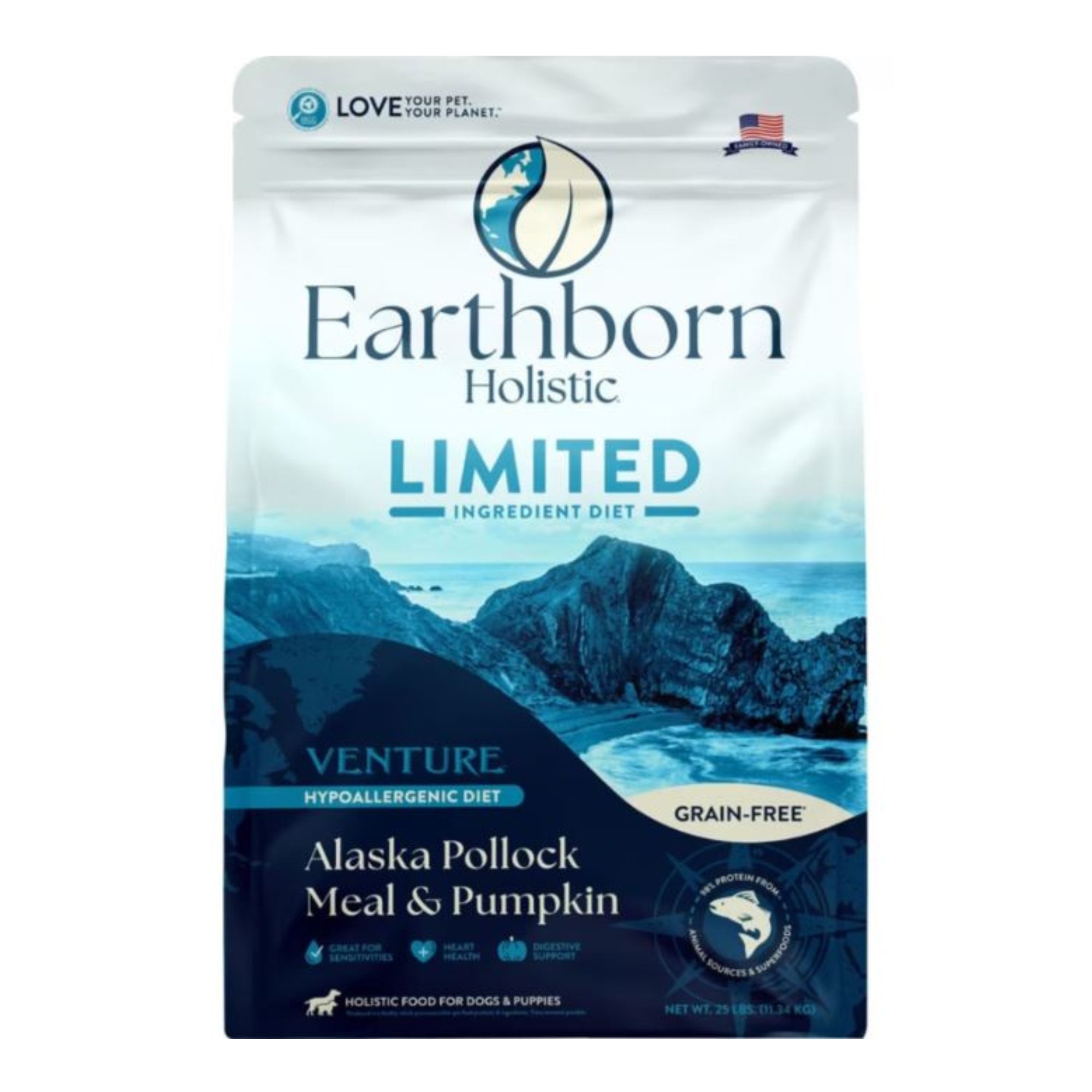 Earthborn Holistic Venture Limited Ingredient Diet Grain-Free Dry Dog Food Alaska Pollock Meal & Pumpkin 25lb