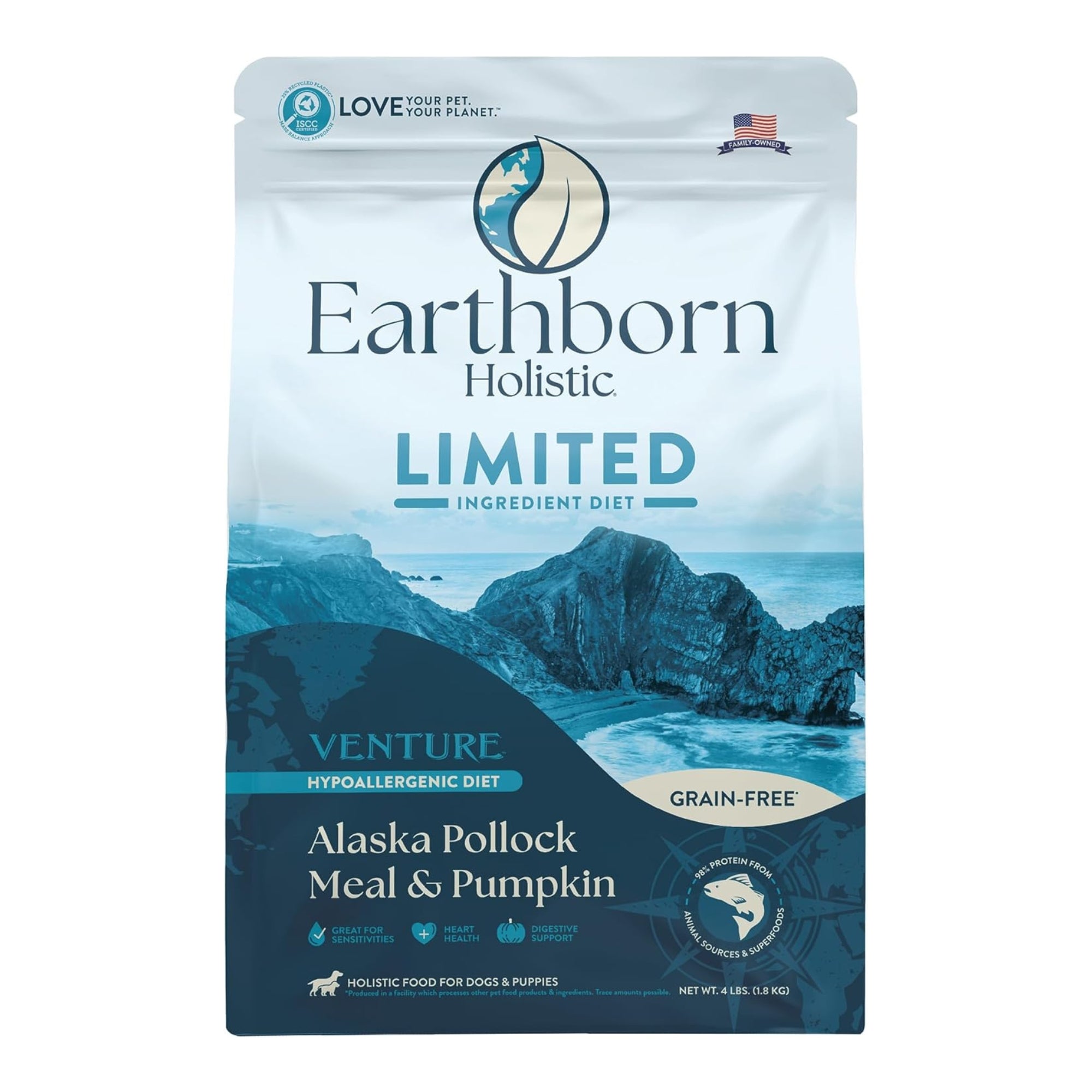 Earthborn Holistic Venture Limited Ingredient Diet Grain-Free Dry Dog Food Alaska Pollock Meal & Pumpkin 4lb