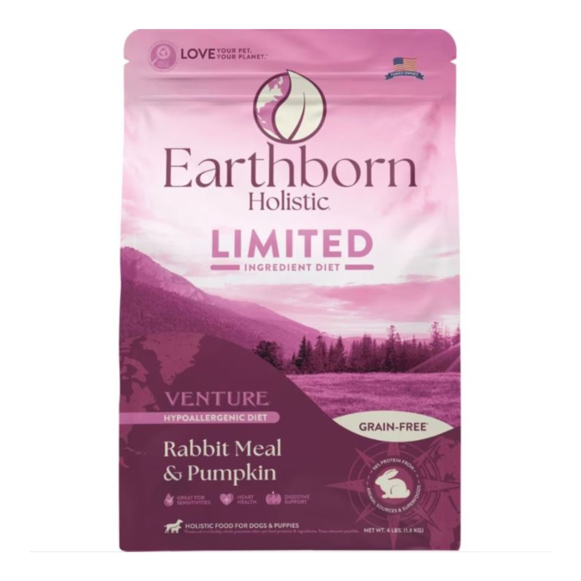 Earthborn Holistic Venture Limited Ingredient Diet Grain-Free Dry Dog Food Rabbit Meal & Pumpkin 4lb