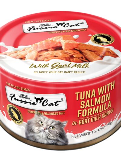 Fussie Cat Premium Tuna with Salmon in Goat milk Gravy 2.47oz. (Case of 24)