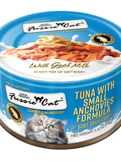 Fussie Cat Premium Tuna with Small Anchovies in Goat milk Gravy 2.47oz. (Case of 24)
